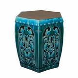 Ceramic Clay Green Turquoise Glaze Hexagon Motif Garden Stool Table cs7018S