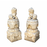 Chinese Pair White Marble Stone Fengshui Foo Dogs Statues cs6970S