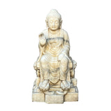 Asian White Stone Carved Sitting Buddha On Base With Heavenly Guardian Soldier n595s