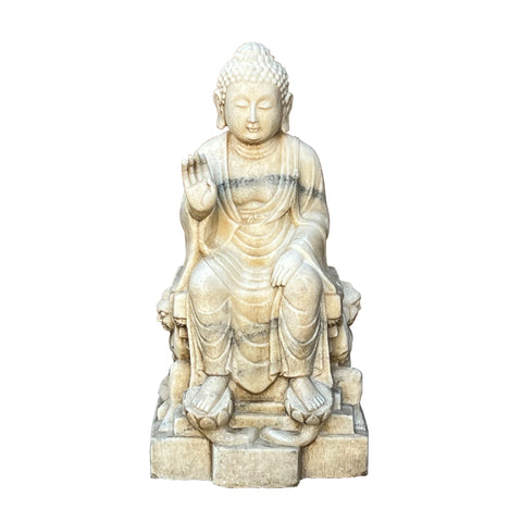 Asian White Stone Carved Sitting Buddha On Base With Heavenly Guardian Soldier n595s