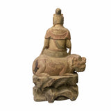 Chinese Rustic Wood Sitting Guan Yin on Lion Manjushri Statue ws1525S
