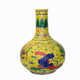 Handmade Ceramic Yellow Dimensional Flower Foo Dogs Motif Vase ws1066S