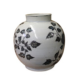 Chinese Gray Blue Off White Flowers Graphic Fat Round Ceramic Vase ws1073S