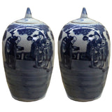 Lot of 2 Blue White Small Oriental Graphic Porcelain Point Lid Jars