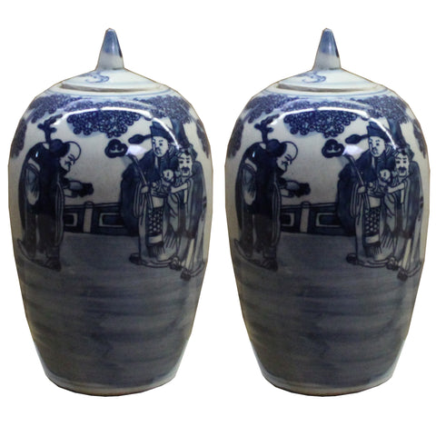 Lot of 2 Blue White Small Oriental Graphic Porcelain Point Lid Jars