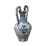 Chinese Blue White Porcelain Flowers Graphic Dragon Handle Vase ws1096S