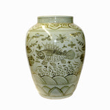 Gray Off White Flowers Fishes Graphic Fat Round Ceramic Vase ws1139S