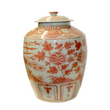 Pink Orange Off White Flowers Birds Graphic Round Ceramic Jar ws1140S