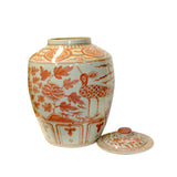 Pink Orange Off White Flowers Birds Graphic Round Ceramic Jar ws1140S