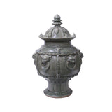 Chinese Ancient style Green Gray Ceremonial Jar with Relief Foo Dogs Motif ws1141S