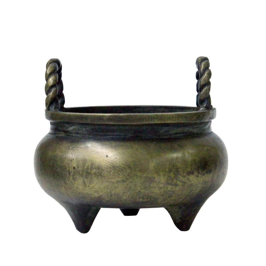 Vintage Chinese Bronze Tripod Incense Burner – Traditional Censer with Twisted Rope Handles ws1224S