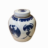 Chinese Blue & White Bird Bats Tassel Graphic  Porcelain Ginger Jar ws1239S