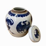 Chinese Blue & White Bird Bats Tassel Graphic  Porcelain Ginger Jar ws1239S