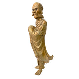 Chinese Vintage Wood Carved Golden Paint Zen Master Damo Shaolin Kung Fu Master Statue ws1256S