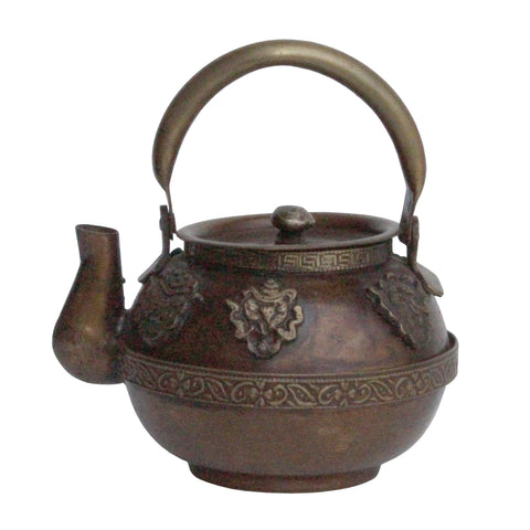 Chinese Metal Bronze Color Relief Motif Accent Teapot Display 