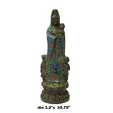 Chinese Metal Blue Enamel Cloisonné Kwan Yin w Kid Statue ws1414S