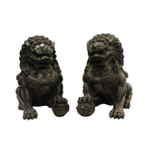 Pair Chinese Distressed Brown Black Marble Like Fengshui Foo Dogs ws287S