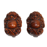 Chinese Pair Wood Carved Mini Foo Dog FengShui Figures ws298S
