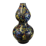 Chinese Vintage Navy Blue Base Gourd Shape People Graphic Ceramic Vase ws337S