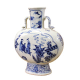 Chinese Blue White Porcelain People Graphic Oval Flat Body Vase ws375S