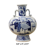 Chinese Blue White Porcelain People Graphic Oval Flat Body Vase ws375S