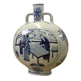 Chinese Blue White Porcelain People Graphic Oval Flat Body Vase ws376S