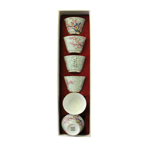 teacups set - flower birds graphic - oriental porcelain cups