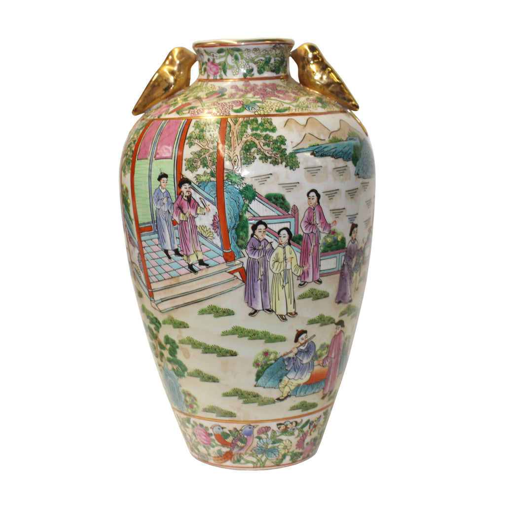 Chinese Oriental Porcelain People Scenery Golden Birds Vase ws793S