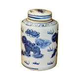 Chinese Blue White Ceramic Foo Dogs Lions Graphic Container Urn Jar ws813S