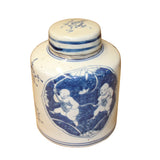 Chinese Blue White Ceramic Double Kids Graphic Container Urn Jar ws870S