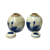 Pair Blue White Mini Oriental Graphic Porcelain Ginger Jars ws949S