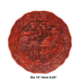 Chinese Red Resin Lacquer Round Scenery Relief Carving Accent Plate ws974S